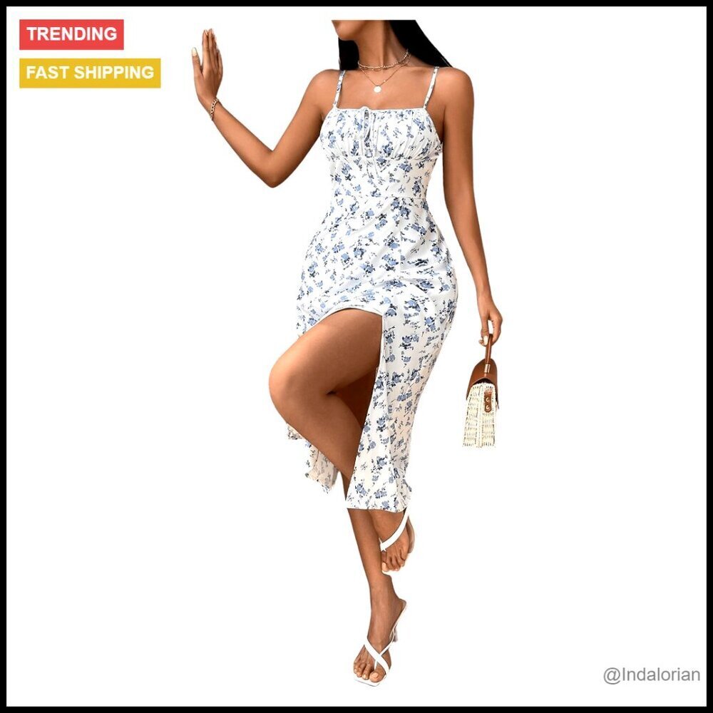 Split Thigh Spaghetti Strap Midi Floral Dress Boho Chic Summer Vacation Outfit